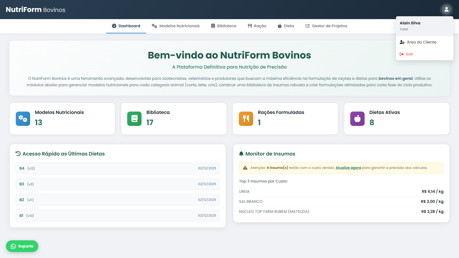 Tela do Dashboard Principal do NUTRIFORM Bovinos.