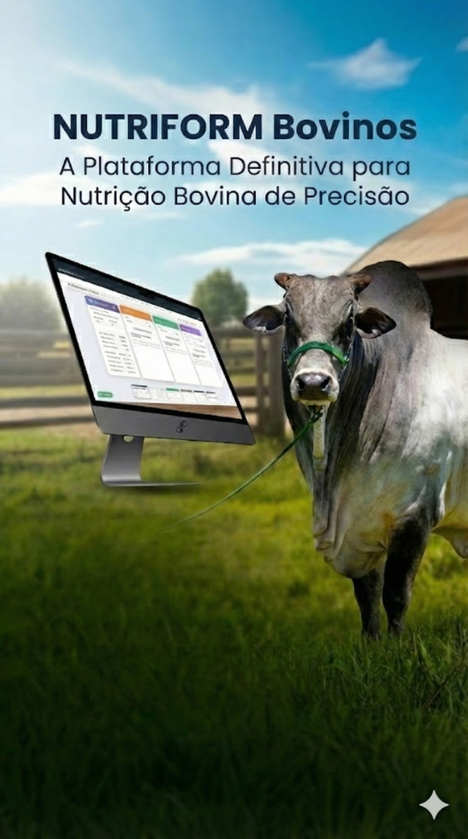 Interface do software NUTRIFORM Bovinos em um laptop, mostrando gráficos e dados de nutrição bovina, formulação de rações e análise de GMD.