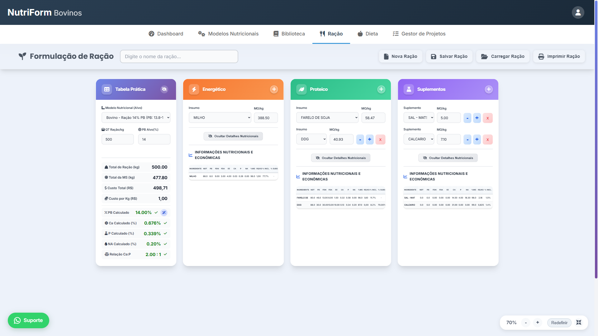 Interface de formulação de ração com lista de ingredientes.